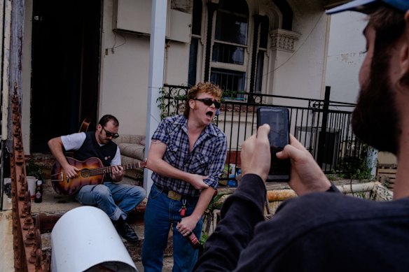 Atlas Abell and East Bay Way from the Sydney band Flight To Dubai, live steaming a performance - via Instagram - from their home in Leichhardt. 