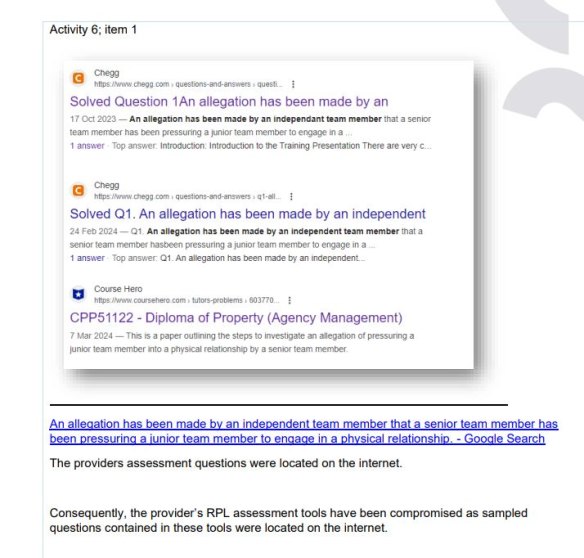 An example of the evidence used by the Australian Skills Quality Authority to cancel Entry Education’s registration.