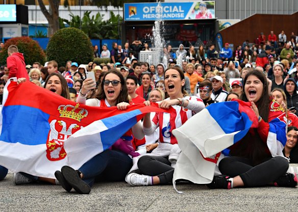 MELBOURNE, AUSTRALIA - FEBRUARY 01:  Fans of Novak Djokovic of Serbia support him in his men's final match against Andy Murray of Great Britain during day 14 of the 2015 Australian Open at Melbourne Park on February 1, 2015 in Melbourne, Australia. 