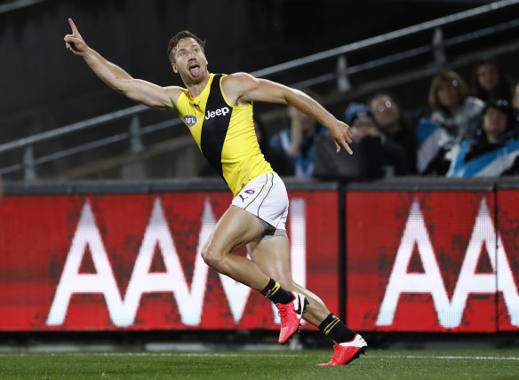 Kane Lambert boots a big goal against Port Adelaide.