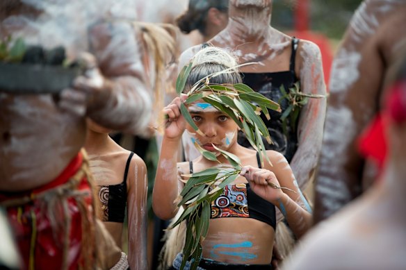 Indigenous dancers at the Australia Day ceremony, Barangaroo Reserve, Sydney.