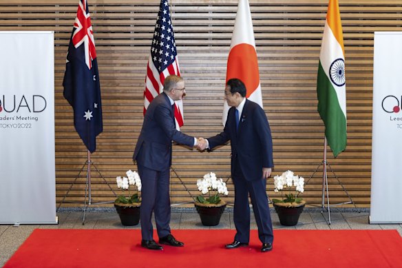 Prime Minister Anthony Albanese and Prime Minister of Japan Fumio Kishida during arrivals for the Quad leaders' meeting in Tokyo, Japan.