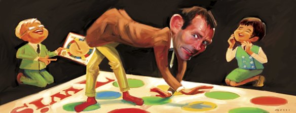 Tony Abbott playing Twister with Penny Wong and Kevin Rudd.