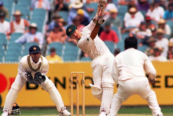 After making his Test debut against Sri Lanka in Perth, Ricky Ponting smashes a six during day two of the second Test of the series in Melbourne in December 1995.