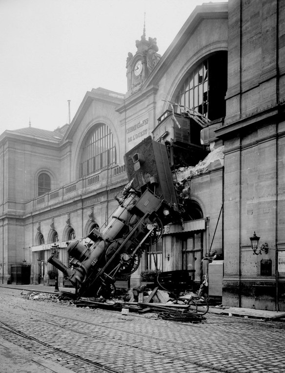 The famous photograph (by an unknown photographer) of the Montparnasse derailment.