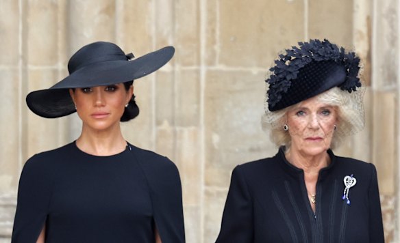 Meghan, Duchess of Sussex and Camilla, Queen Consort are seen during The State Funeral Of Queen Elizabeth II at Westminster Abbey.