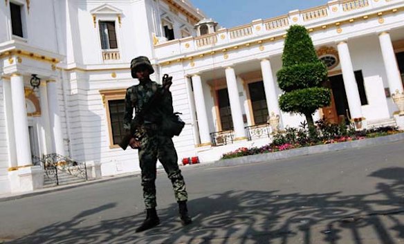 An Egyptian Army soldier guards the parliament building on February 9.