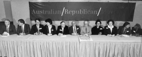 Foundation members of ARM, including David Hill, Malcolm Turnbull, Geraldine Doogue, Harry Seidler, Donald Horne, Thomas Keneally, Jenny Kee, Franca Arena and Faith Bandler, at the launch.