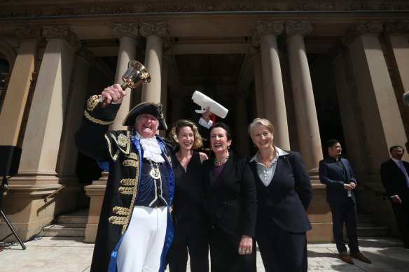 Town crier Graham Keating pictured in 2016 with Jess Miller, Sydney Lord Mayor Clover Moore and Kerryn Phelps.