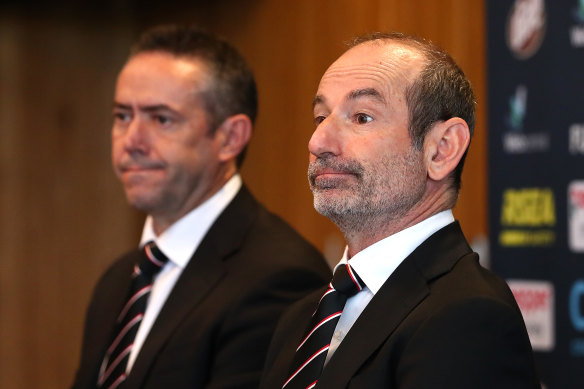 St Kilda chief executive Simon Lethlean (left) and president Andrew Bassat have been active in pursuing Ross Lyon.