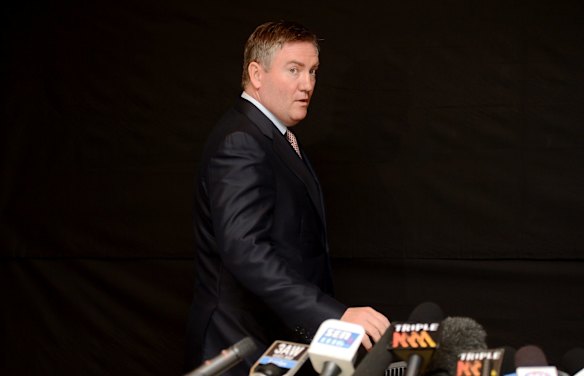 Eddie McGuire faces the media after making an on air gaff regarding Adam Goodes on Triple M radio in May 2013.