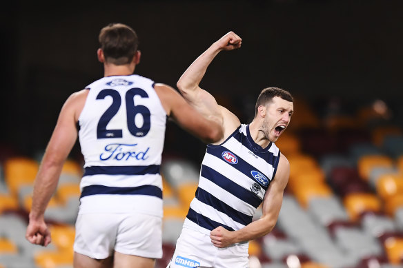 Geelong's Sam Menegola celebrates a goal this year. 