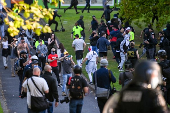 Protesters at the Shrine of Remembrance in Melbourne.