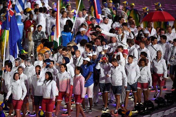 Members of Great Britain parade during the 'Heroes of the Games' segment during the Closing Ceremony on Day 16 of the Rio 2016 Olympic Games.