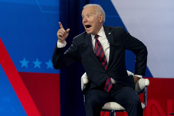 President Joe Biden interacts with members of the audience during a commercial break for a CNN town hall at Mount St. Joseph University in Cincinnati, USA.