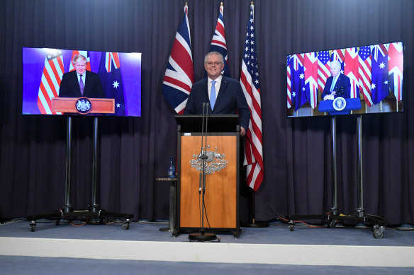 Scott Morrison at a virtual joint press conference unveiling AUKUS with British Prime Minister Boris Johnson and US President Joe Biden.