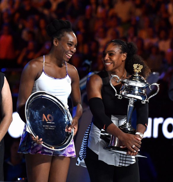 Serena Williams, right, with sister Venus, after beating her in the 2017 Australian Open final. 