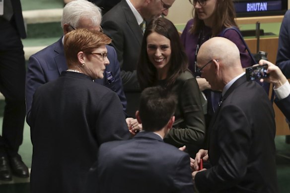 Minister for Foreign Affairs Marise Payne speaks with Prime Minister of New Zealand Jacinda Ardern during the United Nations General Assembly meeting in New York.