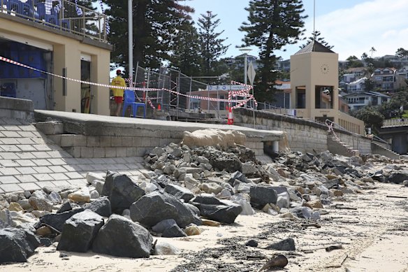 Erosion and damage to the shoreline at Queenscliff SLSC.