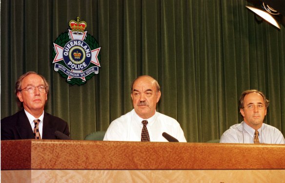 Arnotts CEO Chris Roberts, detective Superintendent Ron Pickering and Dr John Scott from QLD Health at a press conference on February 14, 1997.