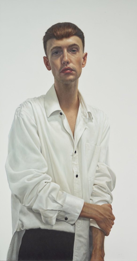 Nick Stathopoulos, 'The white shirt - portrait of Tane Andrews'. Acrylic and oil on poly-cotton, 153 x 80.1 cm. © the artist. Sitter: Tane Andrews.