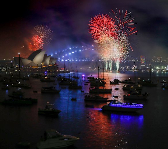 The midnight New Year's Eve fireworks over Sydney Harbour, viewed from Mrs Macquaries Point.