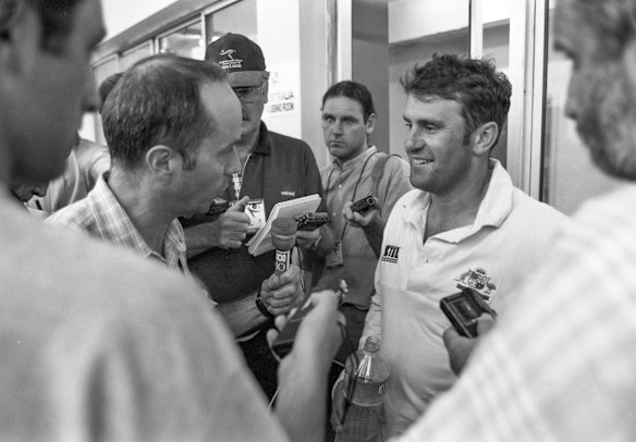 Australian journalists interview captain Mark Taylor after his 334 not out in Peshawar.