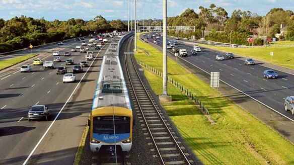 A mock-up of a rail line down the centre of the Eastern Freeway.