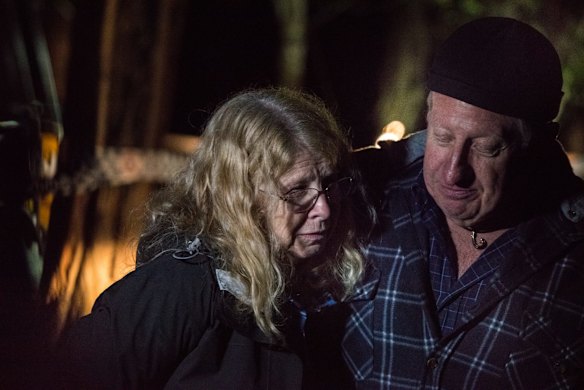 Faye and Mark Leveson after speaking to the media after the discovery of the suspected remains of their son, Matthew Leveson, in the Royal National Park.