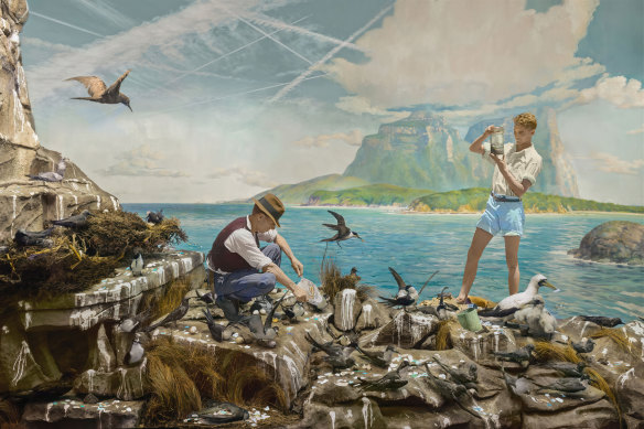 Cast away by Anne Zahalka includes a diorama from the Australian Museum with digitally superimposed photos of men in the 1920s on a field trip to Lord Howe Island.