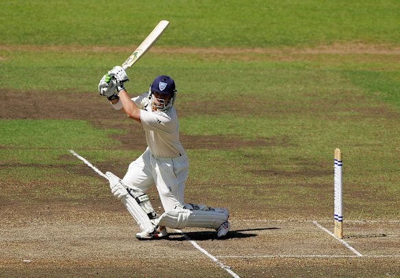 Phillip Hughes hits a boundary for the NSW Blues against the Victorian Bushrangers in 2008.