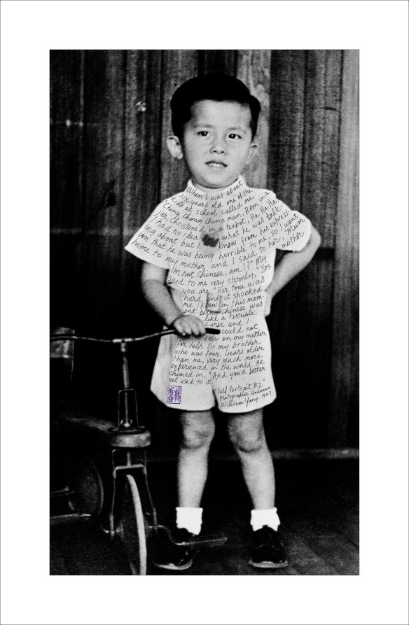 LifeLines3-SelfPortrait2(1947); Childhood photo of William Yang, which he inscribed for his 1999 show ‘Sadness’.