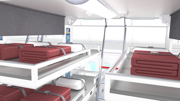 "The middle bed is lowered during the sleep phase of the flight, thereby converting the centre seat row into three equally spaced beds. The result: a comfortable bed for each Economy Sky-Dream traveller to make long haul flights feel shorter and to arrive feeling refreshed."