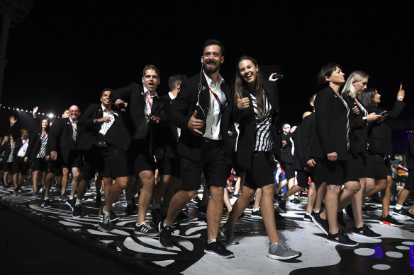 Athletes from New Zealand enter the stadium during the Opening Ceremony of the XXI Commonwealth Games at Carrara Stadium, on the Gold Coast, Wednesday, April 4, 2018. 