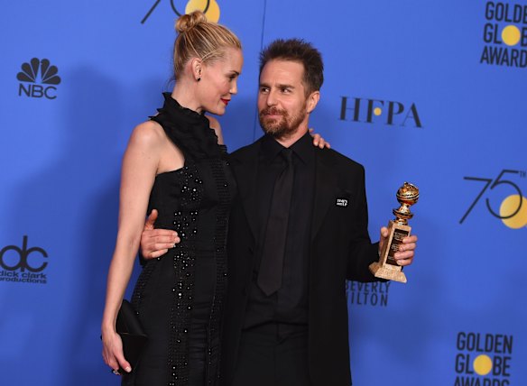 Sam Rockwell (right), winner of the award for best actor in a supporting role in a motion picture for <i>Three Billboards Outside Ebbing, Missouri</i>, and Leslie Bibb.