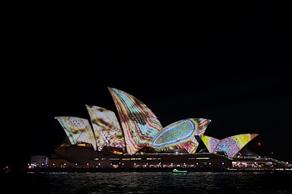 The Sydney Opera House sails are lit up for the opening night of Vivid 2022. 
