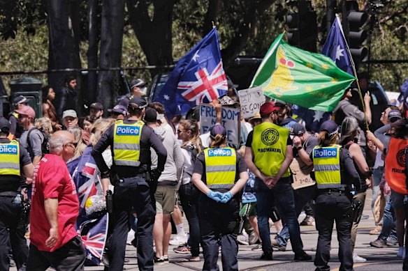 People protesting against the Pandemic Bill in Melbourne on Saturday 27 November 2021. 
