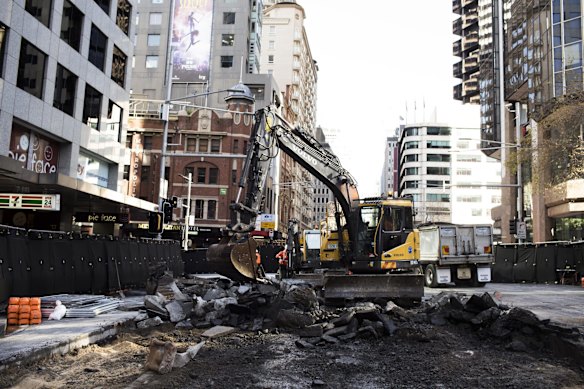 The George, Bridge and Grosvenor Streets intersection where light rail preparation works have begun.