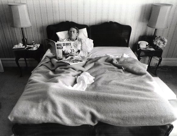 The morning after the election.  Malcolm Fraser, still  Prime Minister, can relax in bed at the Windsor Hotel with a cuppa and the good news of the Sunday papers. 26-11-1980