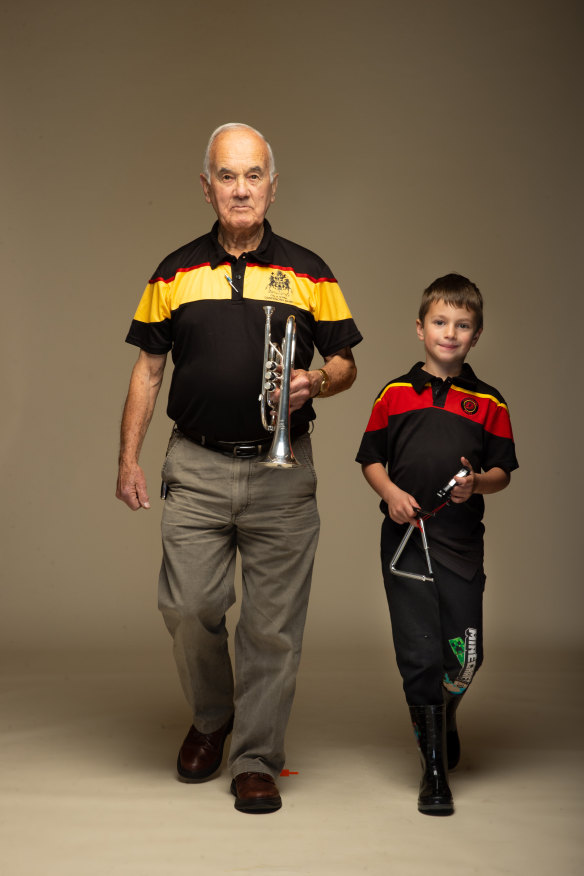 Alan Collard, City of Dandenong Band’s oldest member, who is 85, and Mikey Waugh, who at seven, is the youngest.