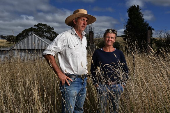 Farmers Rebecca and David Price on the site of a proposed gold mine near Blayney in central NSW. They worry the mine would leave behind a leaching tailings dam and remove thousands of hectares of farmland from production.