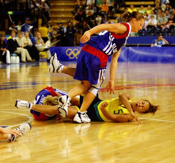 Annie la Fleur and some of the Slovakian players take a fall to the floor.