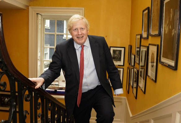 In a photo issued by 10 Downing Street of British Prime Minister Boris Johnson arriving back at Downing Street from hospital after the birth of his baby son with his partner Carrie Symonds in London.
