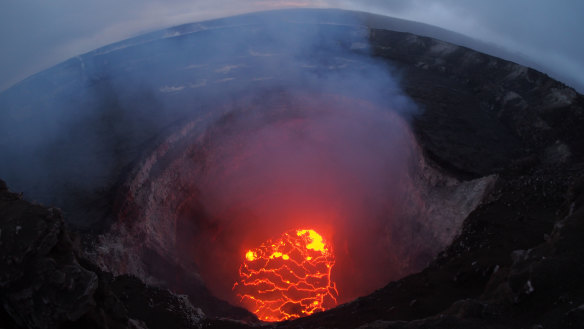 A wide-angle camera view captures the entire north portion of the Overlook crater on May 6 as Hawaii's Kilauea volcano erupts.
