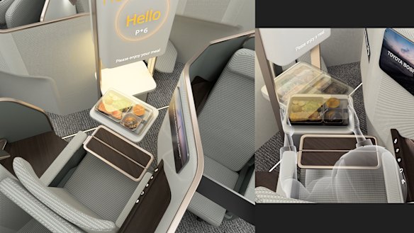 Toyota Boshoku reimagined the economy class cabin by mixing three classes together - economy window seats combined with premium economy and "premium plus" seats in the middle of the cabin. The design also featured a meal-serving robot, replacing cabin crew on meal and drinks services.