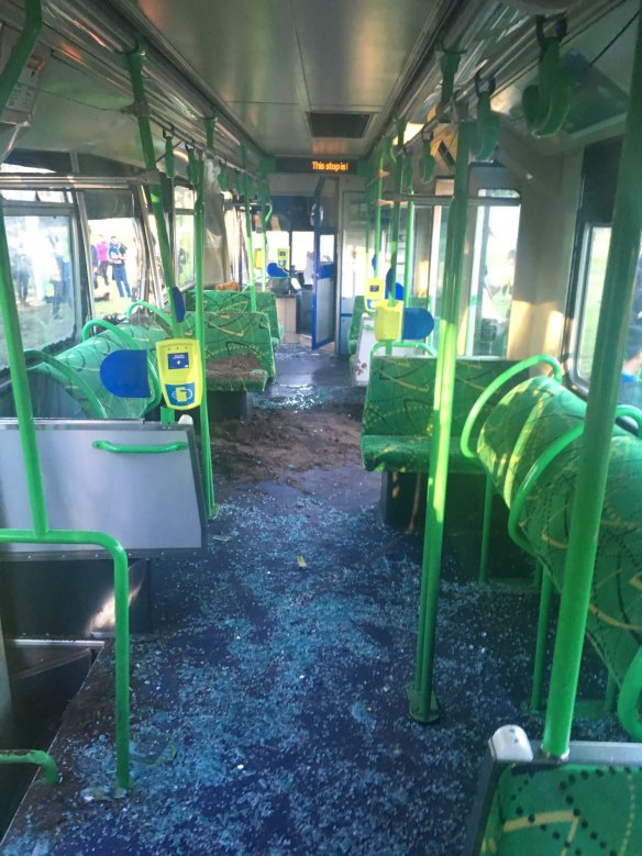 Broken glass and spilt soil litter the floor of the tram.