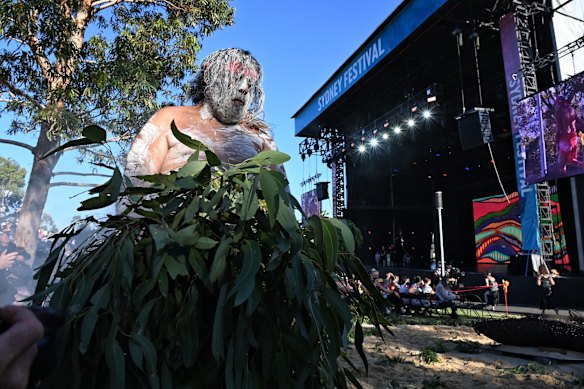 A smoking ceremony by members of Koomurri at the Wugulora morning ceremony at Barangaroo.