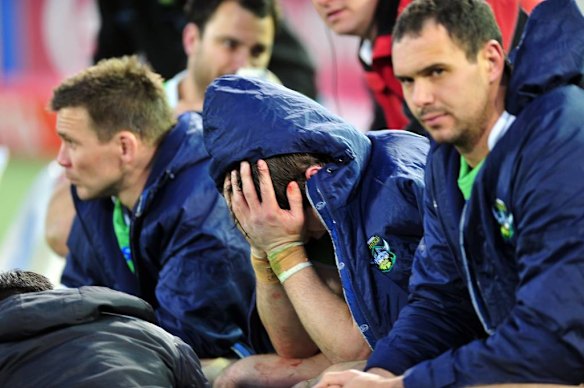 Jarrod Croker on the bench after sustaining an injury late in the match.