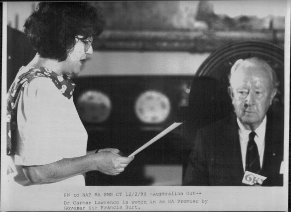 Dr. Carmen Lawrence is sworn in as WA Premier by Governor Sir Francis Burt. February 12, 1990.