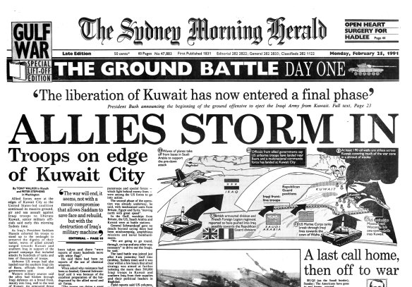 Front page of Sydney Morning Herald on February 25, 1991. 